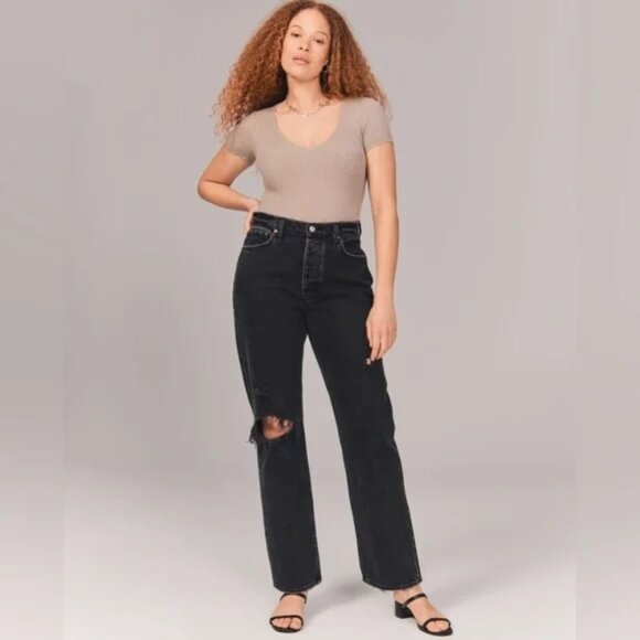 Abercrombie & Fitch Women's High Rise Dad Jeans - Ripped Black Wash - 25 SHORT - Picture 2 of 10